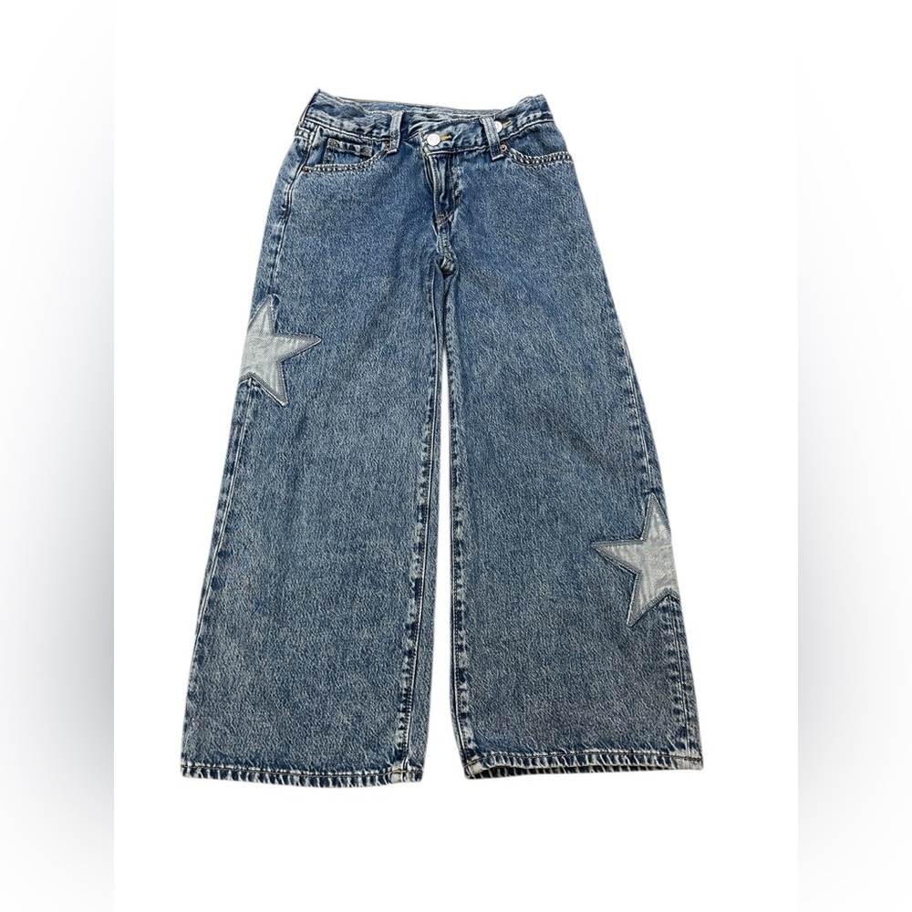 Old Navy High Rise Super Baggy Wide Leg Star Patch Denim Blue Jeans Girls size 8